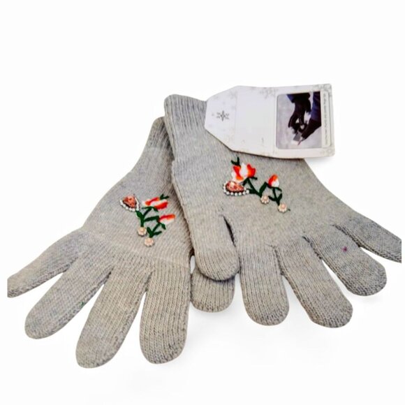 Vibrant Grey Knit Orange Floral Embroidered Crystal Beanie & Glove Set TT1550 - Picture 6 of 6